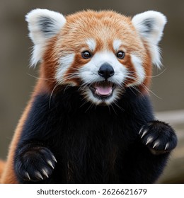 Delicioso panda rojo que sostiene la hoja en boca adorablemente