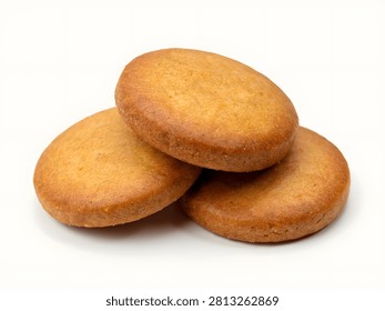 A delightful stack of three golden brown oval cookies rests on a clean white background ready to be enjoyed as a sweet treat