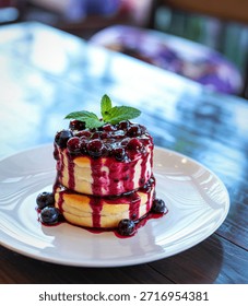 A delightful stack of two fluffy pancakes, generously topped with a vibrant blueberry sauce and garnished with fresh mint leaves.