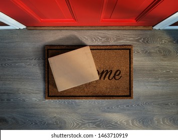 Delivered outside the door, e-commerce purchase on welcome mat. Add your own copy and label - Shutterstock ID 1463710919