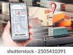 Delivery app. Phone with logistic map in hand. Boxes on conveyor. Delivery address tracking. Courier app. Logistics website. Delivery tracking via phone. Logistics technologies. Courier smartphone