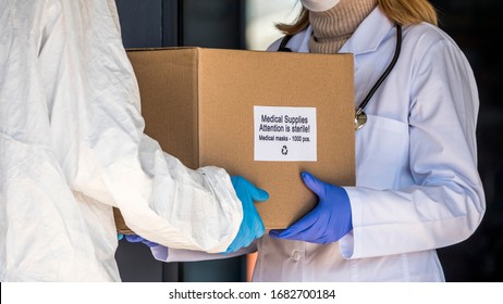 Delivery Of A Box With Medical Masks To The Hospital