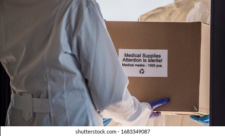 Delivery Of A Box With Medical Masks To The Hospital