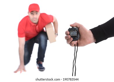 Delivery Boy In A Rush Delivering A Package Isolated Against White Background