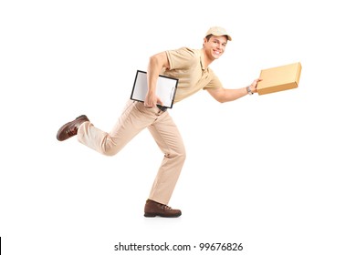 Delivery Boy In A Rush Delivering A Package Isolated Against White Background