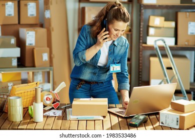 Delivery Business. Happy Modern Woman In Jeans With Laptop And Parcels Talking On A Smartphone In The Office.