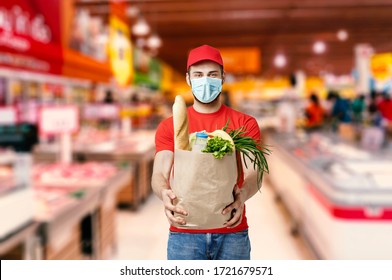 Delivery Company Worker Holding Grocery Box, Food Order, Supermarket Service