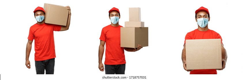 Delivery Concept - Set Of Portrait Of Happy African American Delivery Man With Face Mask In Red Cloth Holding A Box Package. Isolated On White Studio Background. Copy Space