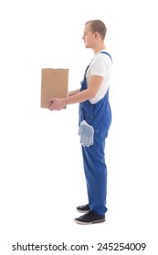 delivery concept - side view of man in workwear with cardboard box isolated on white background