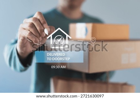 Delivery confirmation interface showing package delivered to doorstep with time stamp and location icons for last mile logistics and order fulfillment.