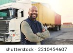 Delivery, container and happy truck driver moving industry cargo and freight at a shipping supply chain or warehouse. Smile, industrial and black man ready to transport ecommerce trade goods or stock