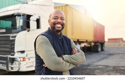 Delivery, container and happy truck driver moving industry cargo and freight at a shipping supply chain or warehouse. Smile, industrial and black man ready to transport ecommerce trade goods or stock - Shutterstock ID 2210454607
