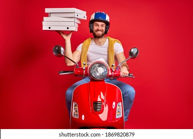 delivery courier man on scooter with driving fast to customers, holding orders boxes food pizza in boxes, on motorbike. quick deliver food to clients, perfect service - Powered by Shutterstock