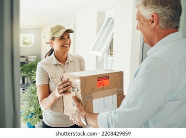 Delivery, Courier Service And People With Box For Safe, Care And Easy Distribution In E Commerce, Shipping Industry. Cardboard Package, Worker Woman And House Man At Front Door For Stock Supply Chain