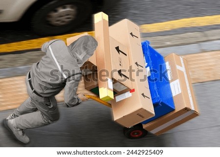delivery courier worker with packages boxes with boxcar for delivering in city