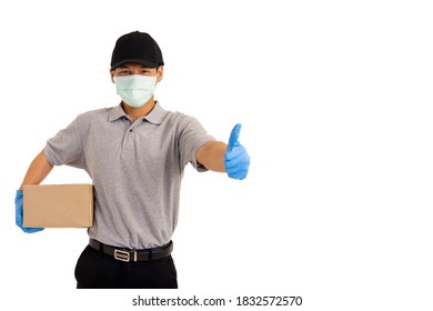 Delivery Driver Man In Uniform With Surgical Mask Hold Boxes -  Isolated On White Background