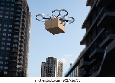 Delivery Drone Carrying A Package Flying Above The City