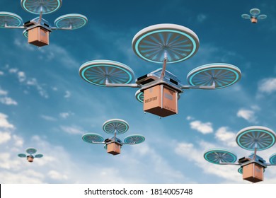 Delivery flying drone package cardboard box on sky,to customer service,concept futuristic business,industrial air transport technology vehicle for logistics,control by remote artificial intelligence