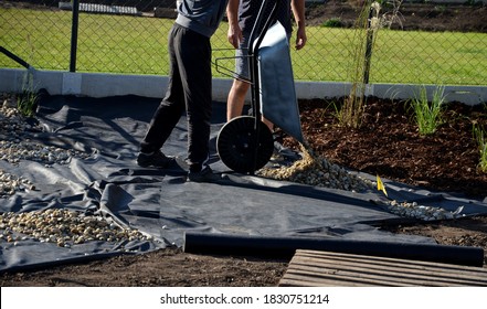 Delivery Of Gray River Pebbles Like Mulch To Flower Beds In The Garden Using A Wheelbarow From The Body Of A Truck Or Trailer. Shovel And Rake The Layer Over The Black Nonwoven Fabric.