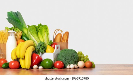 Delivery Of Grocery. Box With Fresh Fruit And Vegetables Bright Green Produce. Eco Friendly Responsible Lifestyle And Shopping. Healthy Eating, Zero Waste Concept. Copy Space. Donation.