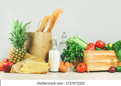 Delivery Of Grocery. Chest With Fresh Fruit And Vegetables Bright Green Dairy Meat Produce. Eco Friendly Responsible Lifestyle And Shopping. Healthy Eating, Zero Waste Concept. Copy Space. Donation.