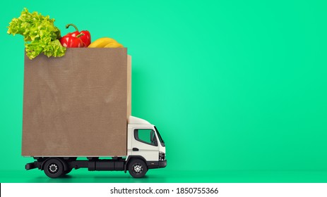 Delivery Of The Grocery Shopping Bag At Home With A Van On Green Background.