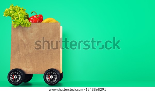 Delivery of the grocery with a shopping bag on\
wheels with green\
background