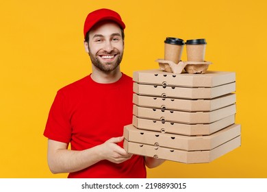 Delivery Guy Fun Employee Man 20s In Red Cap T-shirt Uniform Workwear Work As Dealer Courier Hold Pizza In Cardboard Flatbox Takeaway Craft Brown Cup Coffee To Go Isolated On Plain Yellow Background