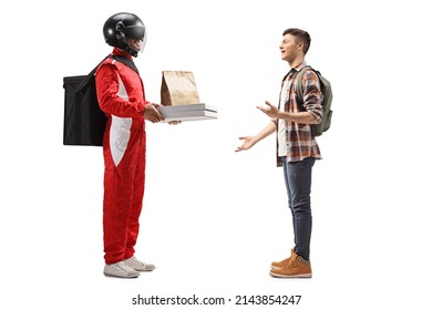 Delivery Guy With A Helmet Delivering Pizza To A Student Isolated On White Background