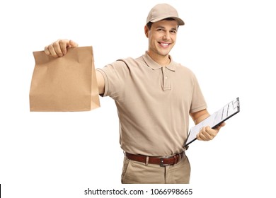 Delivery Guy Holding A Paper Bag And A Clipboard Isolated On White Background