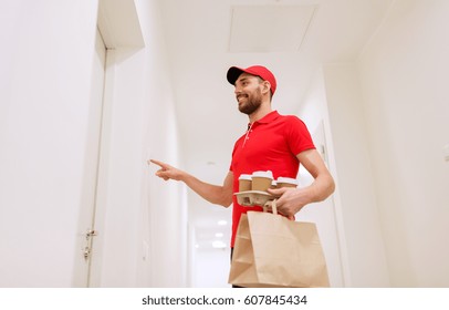 Delivery, Mail And People Concept - Happy Man Delivering Coffee And Food In Disposable Paper Bag To Customer Home And Ringing Doorbell