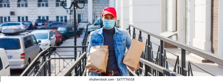 Delivery, Mail And People Concept - Man In A Protective Mask Delivering Coffee And Food In Disposable Paper Bag To Customer Home