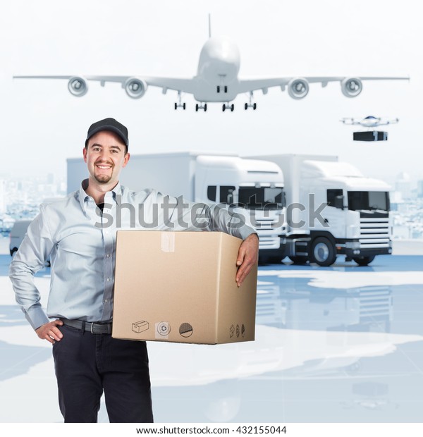delivery man and 3d\
truck airplane van\
drone