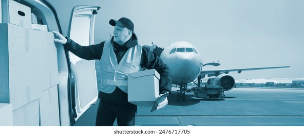 Delivery man at airport. Courier takes boxes out of minivan. Delivery of parcels to plane. Man near courier minivan. Air delivery service employee. Courier with boxes at airport. Air logistics - Powered by Shutterstock