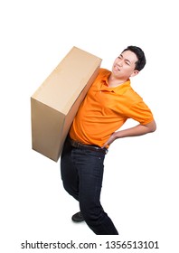 Delivery Man Asian Young Handsome Holding Too Heavy Big Box Package Backache Feeling Back Pain Face Hand On Hip In Orange Shirt Isolated On White Background Concept Transport Business And Healthy