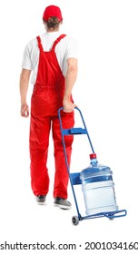 Delivery Man With Bottle Of Water On White Background, Back View