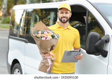 Delivery Man With Bouquet Of Beautiful Flowers Near Car Outdoors