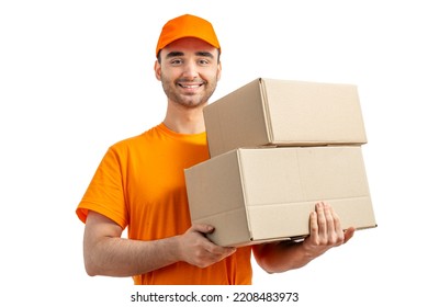 Delivery man with a box. Courier in uniform cap and t-shirt service fast delivering orders. Young guy holding a cardboard package. Character on isolated white background for mockup design. - Shutterstock ID 2208483973
