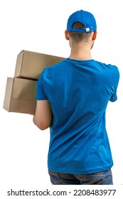 Delivery man with a box. Courier in uniform cap and t-shirt service fast delivering orders. Young guy holding a cardboard package. Character on isolated white background for mockup design. - Shutterstock ID 2208483977