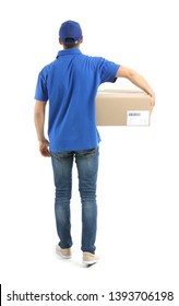 Delivery Man With Box On White Background, Back View