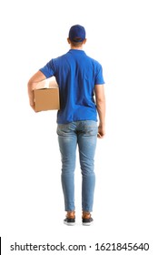 Delivery Man With Box On White Background, Back View