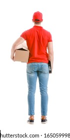 Delivery Man With Box On White Background, Back View