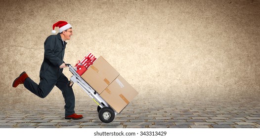 Delivery Man With Boxes. Express Christmas Shipping.