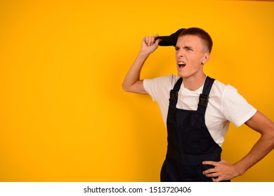 Delivery Man With A Cap On A Yellow Background Post Emotions Place Free Loader Courier