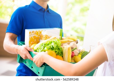 Delivery man delivering food to a woman at home - online grocery shopping service concept