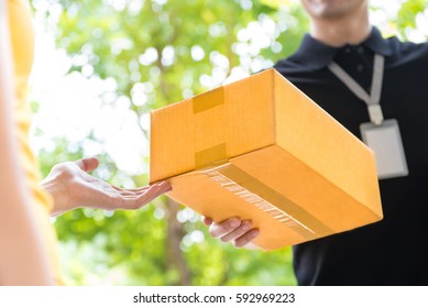 Delivery Man Delivering Package To Customer, Close Up At Hand And Box