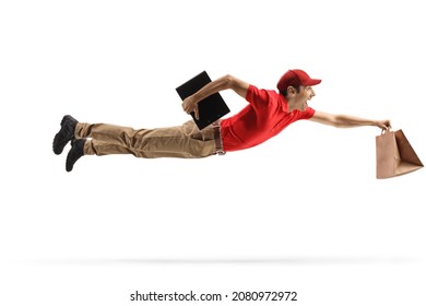 Delivery man flying and delivering fast food isolated on white background