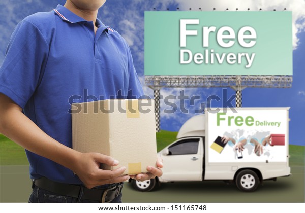 Delivery man with free delivery car and large\
outdoor billboard