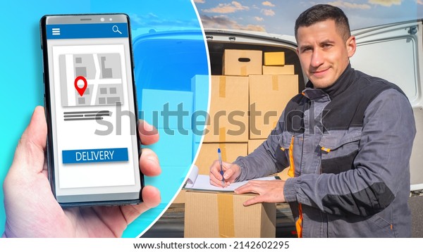 Delivery man full face. Smartphone with delivery
app. Ordering cargo transportation via mobile application. Courier
makes notes about cargo transportation. Delivery man near car with
parcels.