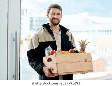 Delivery man, groceries and worker portrait by front door, online shopping and courier with produce. Male person, professional service and box of fruit in distribution, purchase and commercial sale - Powered by Shutterstock